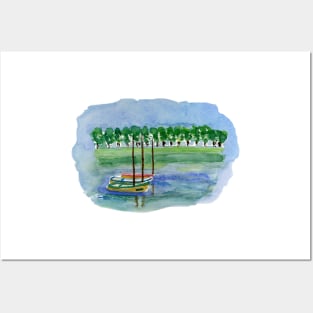 Canoes Watercolor Painting, Watercolor landscape canoes Posters and Art